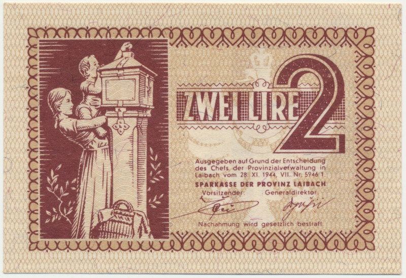 Yugoslavia, Slovenia, German Occupation - Laibach, 2 Lire 1944 Cirsp note with b...