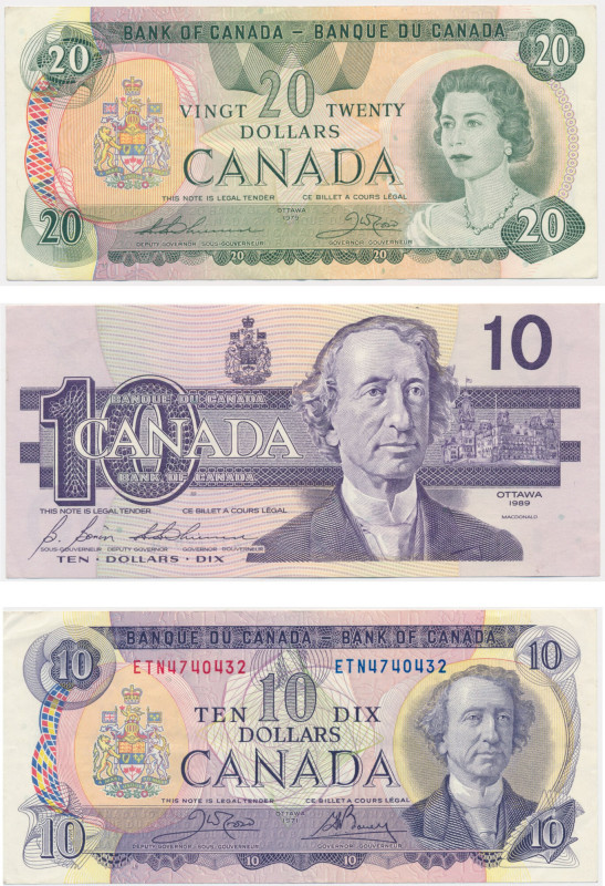 Canada, lot of 10-20 Dollars 1971-1989 (3 pcs.) All lightly circulated banknotes...