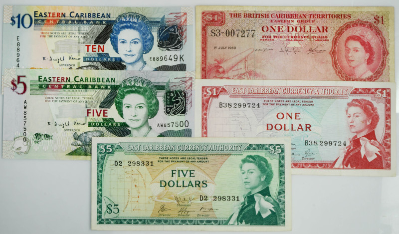 East Caribbean, lot 1-10 Dollars 1960-2008 (5 pcs.) Varied conditions.&nbsp; Att...