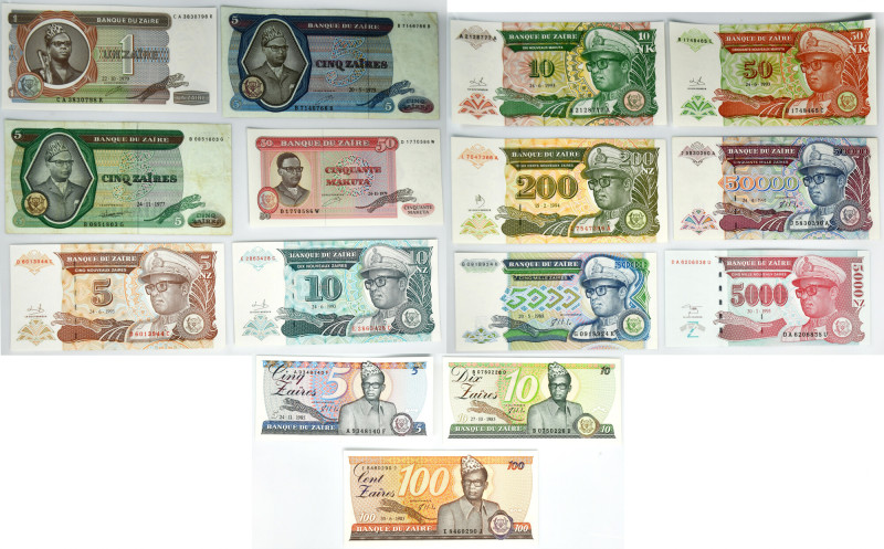 Congo, lot 1-50.000 Zaires 1977-95 (15 pcs.) Mostly uncirculated.&nbsp; Viewing ...