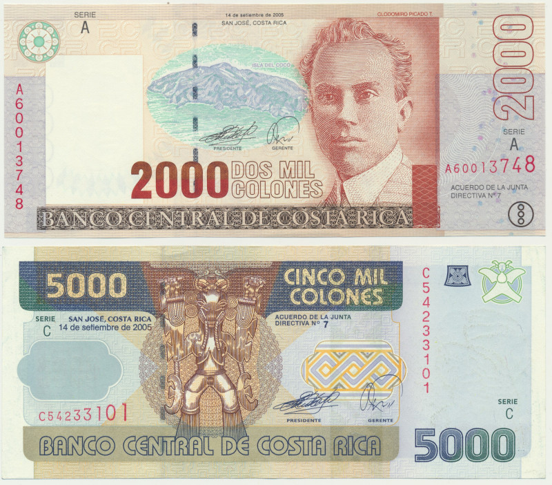 Costa Rica, lot 2.000-5.000 Colones 2005 (2 pcs.) Both uncirculated. 2000 colone...