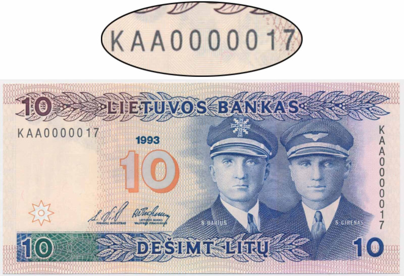 Lithuania, 10 Litu 1993 - KAA 0000017 - LOW SERIAL NUMBER Brilliant uncirculated...