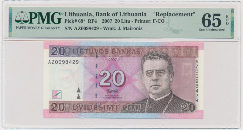 Lithuania, 20 Litu 2007 - AZ - PMG 65 EPQ Graded 65 EPQ by PMG.
 Banknot w slab...