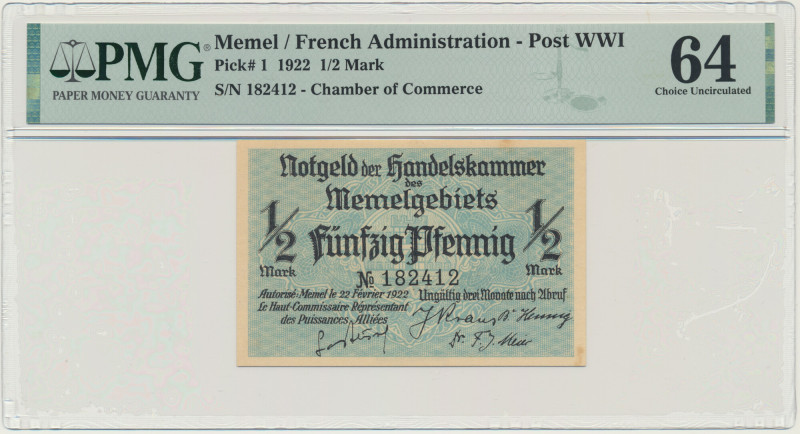 Memel, 1/2 Mark 1922 - PMG 67 Graded 64 by PMG.
 Banknot w slabie PMG z oceną P...