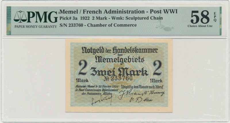 Memel, 2 Mark 1922 - PMG 58 EPQ Graded 58 EPQ by PMG.
 Banknot w slabie PMG z o...