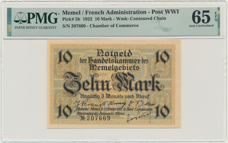 Memel, 10 Mark 1922 - PMG 65 EPQ Graded 65 EPQ by PMG.
 Banknot w slabie PMG z ...