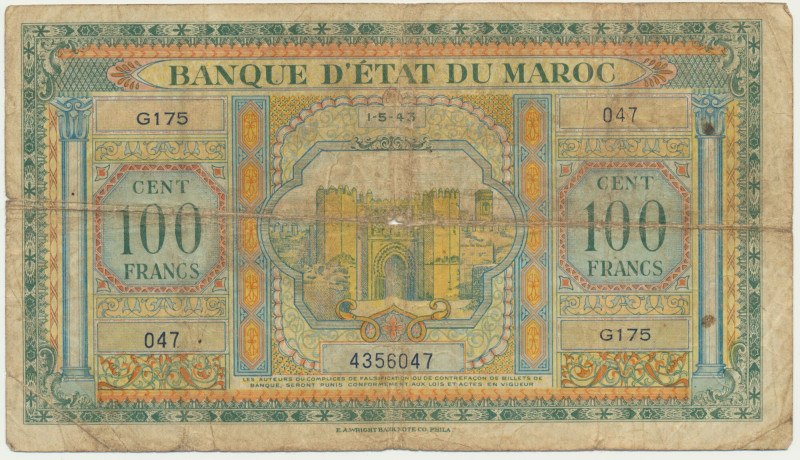 Morocco, 100 Francs 1943 Still a desriable note which shows considerable circula...