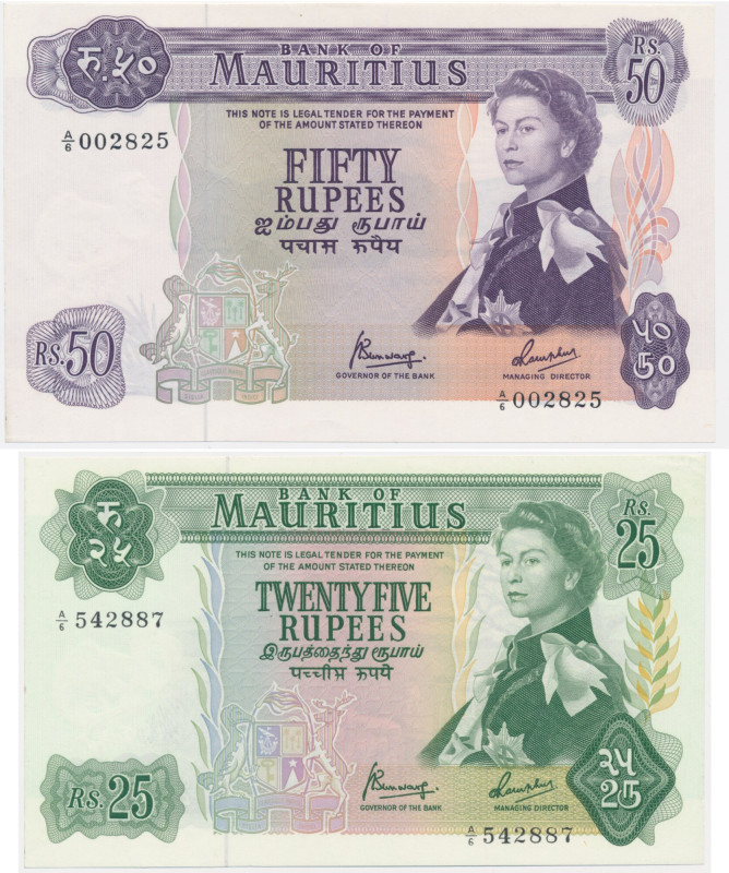 Mauritius, lot 25-50 Rupees (1967-82) (2 pcs.) Beautifull crisp notes. 20 rupee ...