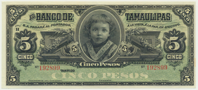 Mexico, 5 Pesos (1912-14) An uncirculated banknote with virtually perfect look. ...