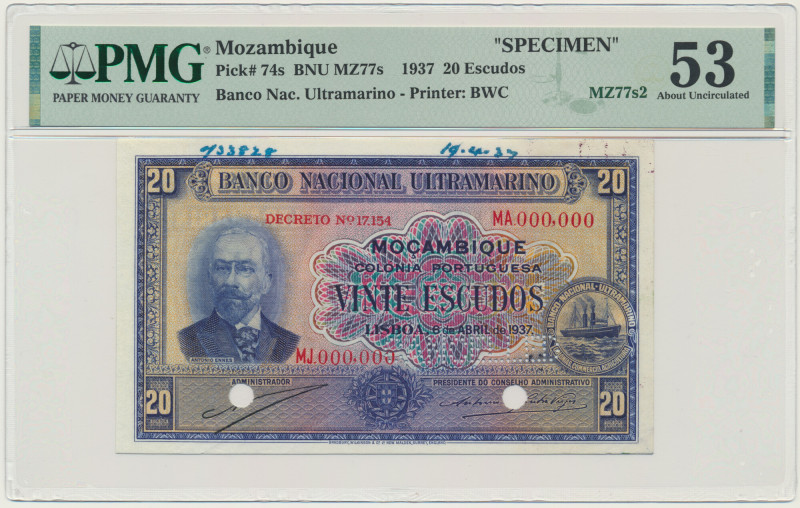 Mozambique, 20 Escudos 1937 - SPECIMEN - PMG 53 Graded 53 by PMG.
 Banknot w sl...