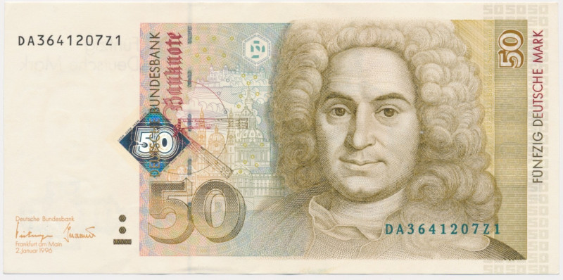 Germany, BDR, 50 Mark 1996 Several folds.&nbsp; Good eye appeal.&nbsp; Łamany i ...