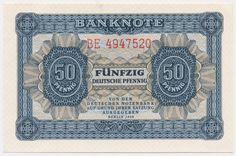 Germany, DDR, 50 Pfennige 1948 Light fold at the tip of upper right corner, othe...