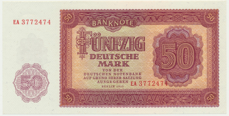 Germany, DDR, 50 Mark 1955 Beautifull crisp banknote in UNC condition.
 Emisyjn...