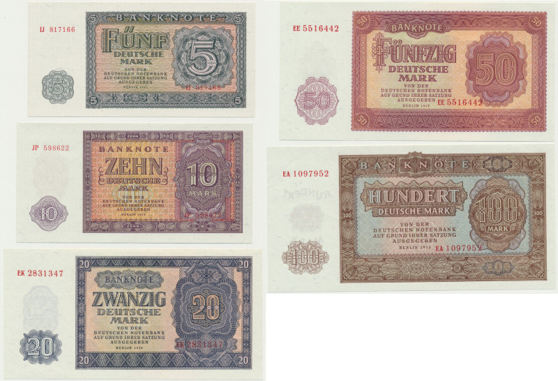 Germany, DDR, lor 50-100 Mark 1955 (5 pcs.) Uncirculated condition. Emisyjne sta...