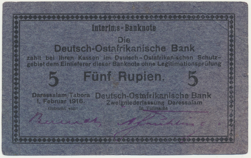 Germany, East Africa, 5 Rupees 1916 Several folds. Never washed or pressed note....