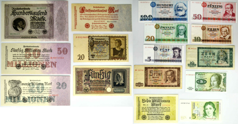 Germany, lot 5 mark -10 million Mark 1923-91 (16 pcs.) Varied condition from UNC...