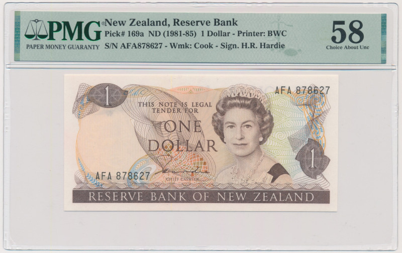 New Zealand, 1 Dollar (1981-85) - PMG 58 Graded 58 by PMG. 
 Banknot w slabie P...