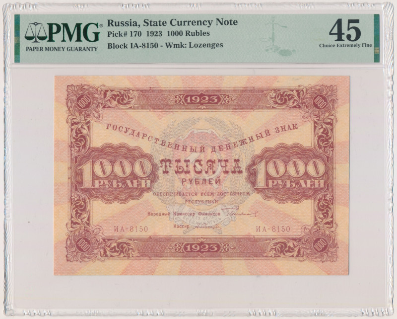 Russia, 1.000 Rubles 1923 - PMG 45 Graded 45 by PMG.
 Banknot w slabie PMG z oc...