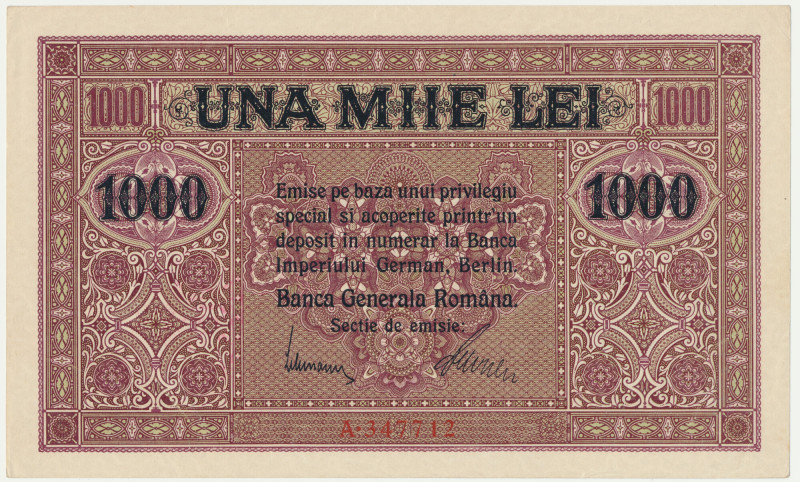 Romania, 1.000 Lei (1917) About uncirculated banknote with one diminishing fold....