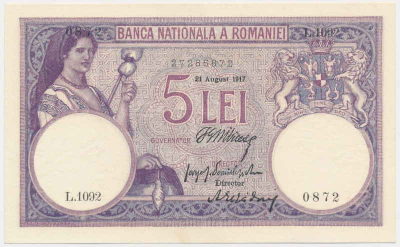 Romania, 5 Lei 1917 Excellent note in uncirculated condition. Sharp and square c...