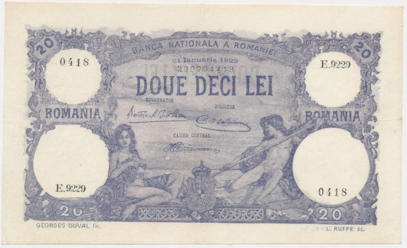 Romania, 20 Lei 1929 Folded in four.&nbsp; Pressed.&nbsp; Good eye appeal.&nbsp;...