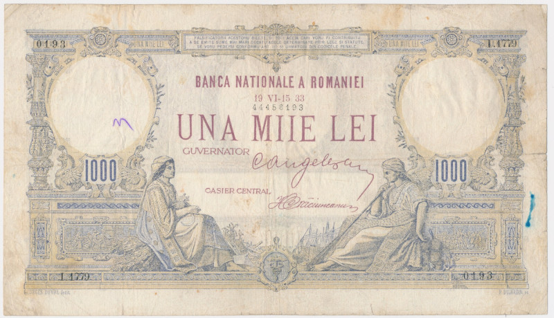 Romania, 1.000 Lei 1933 Still a desriable note which shows considerable circulat...