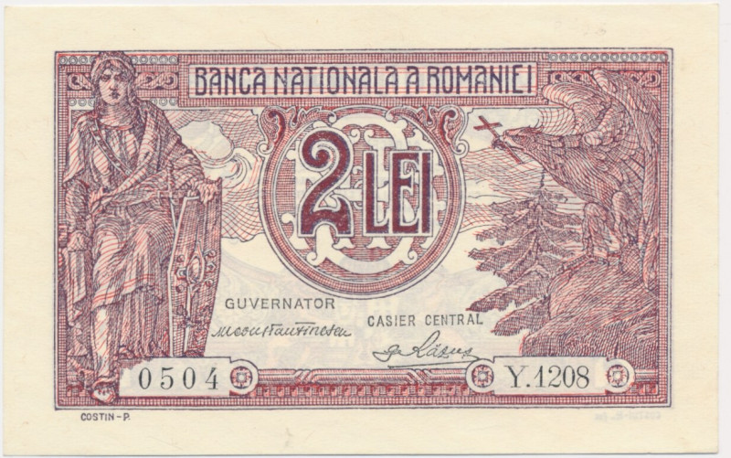 Romania, 2 Lei 1938 Excellent note in virtually uncirculated condition. Sharp an...