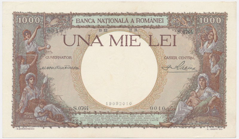 Romania, 1.000 Lei 1938 An attractive banknote with one fold at center.&nbsp; Cr...