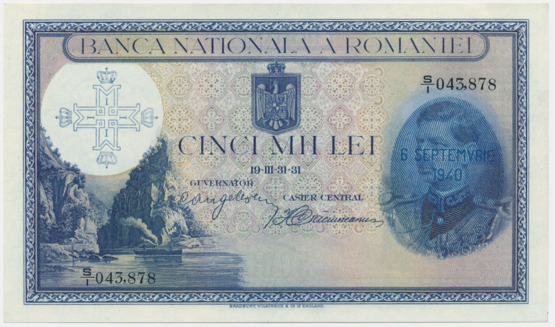 Romania, 5.000 Lei 1931-1940 Very rare banknote.&nbsp; Excellent note in uncircu...