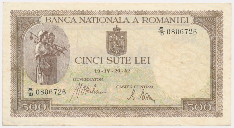 Romania, 500 Lei 1942 Numerous folds. Corners show light wear. 
 Obiegowy egzem...