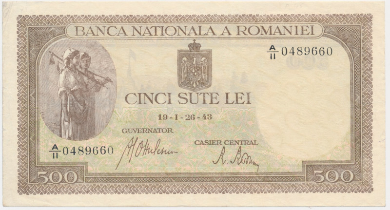 Romania, 500 Lei 1943 Folded.&nbsp; Never washed or pressed.&nbsp;
 Dwukrotnie ...