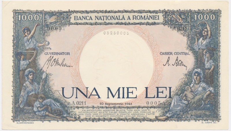 Romania, 1.000 Lei 1941 Light verticall fold.&nbsp; Cirsp note with original she...