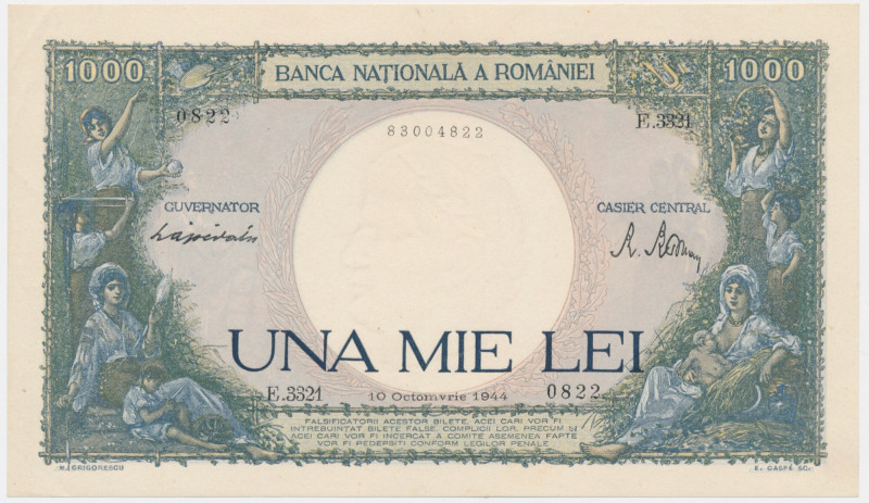 Romania, 1.000 Lei 1944 Left corners lightly folded.&nbsp; Beautifull crisp bank...