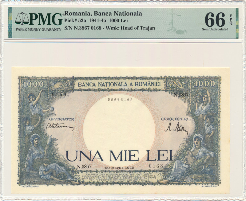 Romania, 1.000 Lei 1945 - PMG 66 EPQ Graded 66 EPQ by PMG.
 Banknot w slabie PM...