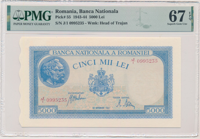 Romania, 5.000 Lei 1943 - PMG 67 EPQ Superb note graded 67 Exceptional Paper Qua...