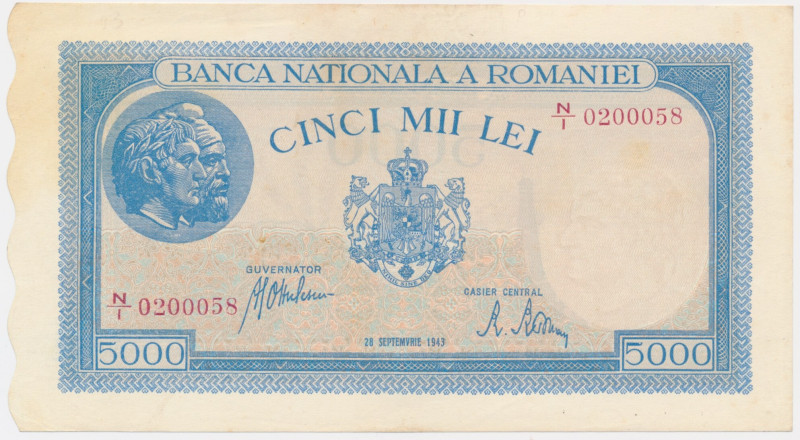 Romania, 5000 Lei 1943 Very well preserved banknote with only one light center f...