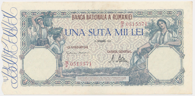 Romania, 100.000 Lei 1946 Very well preserved banknote with only one light cente...