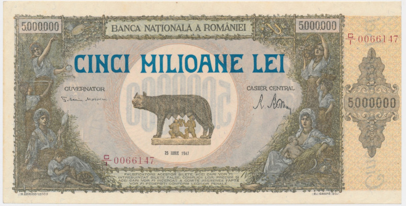 Romania, 5 million Lei 1947 Minor imperfections around corners, otherwise a beau...