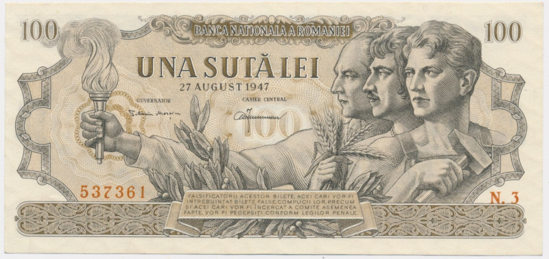 Romania, 100 Lei 1947 Excellent note in uncirculated condition.&nbsp; Never wash...