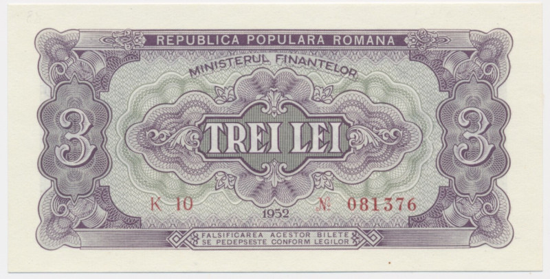 Romania, 3 Lei 1952 - red serial Red serial number.&nbsp; Excellent note in unci...