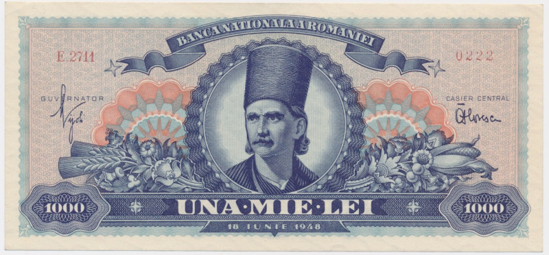 Romania, 1.000 Lei 1948 About uncirculated banknote without folds through the de...