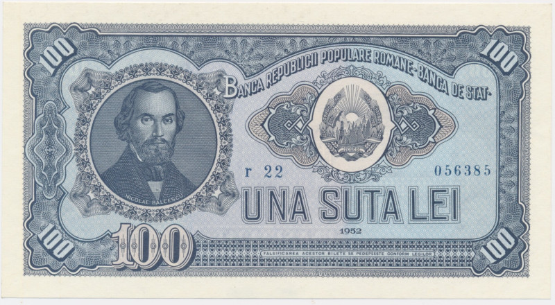 Romania, 100 Lei 1952 - blue serial Beautifull note. Bottom right corner with on...