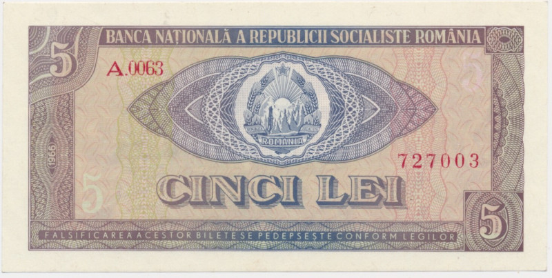 Romania, 5 lei 1966 Excellent note in uncirculated condition. Never washed or pr...