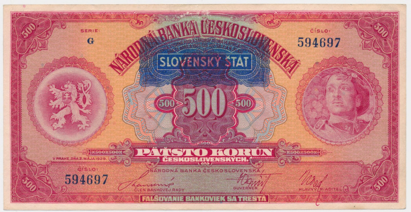 Slovakia, 500 Korun 1929 - with overprint - Very well preserved banknote with on...