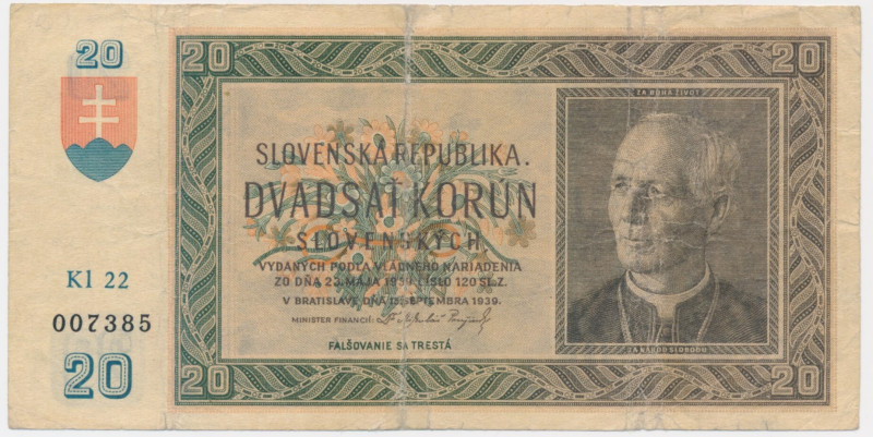 Slovakia, 20 Korun 1939 Used condition.&nbsp; Tape on the back.&nbsp; Never wash...