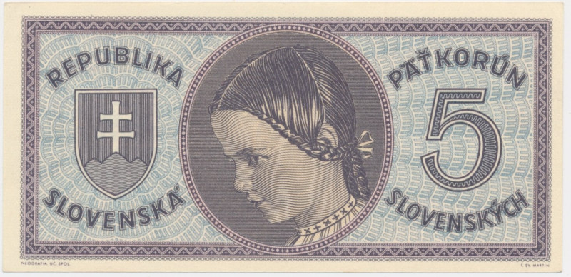 Slovakia, 5 Korun (1945) Very well preserved banknote with only one light horizo...