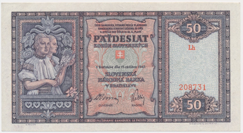 Slovakia, 50 Korun 1940 Three folds through the design, one horizontal. Attracti...