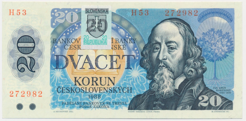 Slovakia, 20 Korun 1988 - with stamp - Excellent note in uncirculated condition....