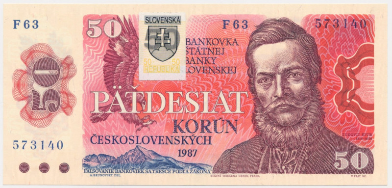 Slovakia, 50 Korun 1987 - with adhesive stamp - Excellent note in uncirculated c...