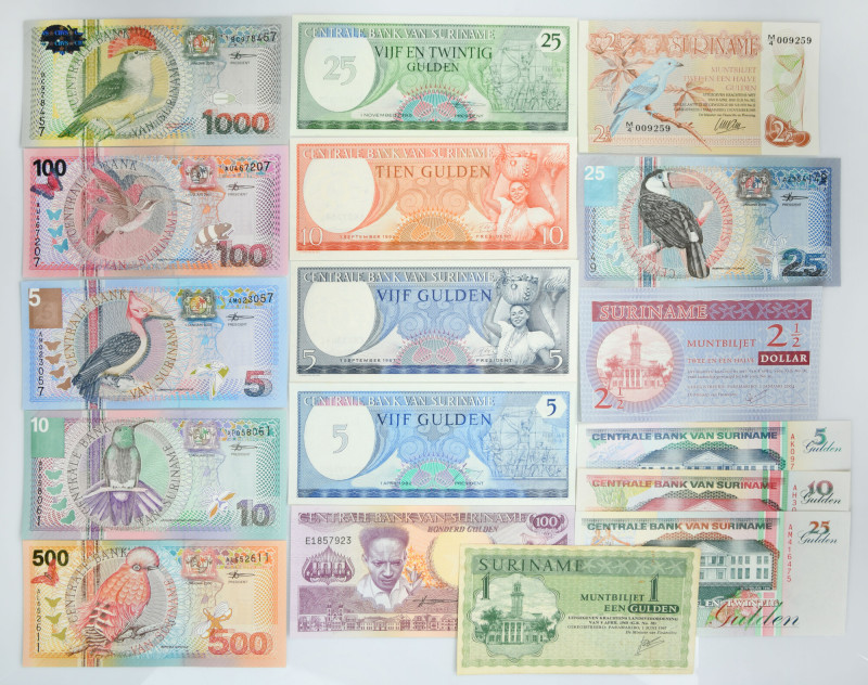 Suriname, lot 1-1.000 Gulden 1967-2004 (17 pcs.) Mostly uncirculated.&nbsp; Attr...